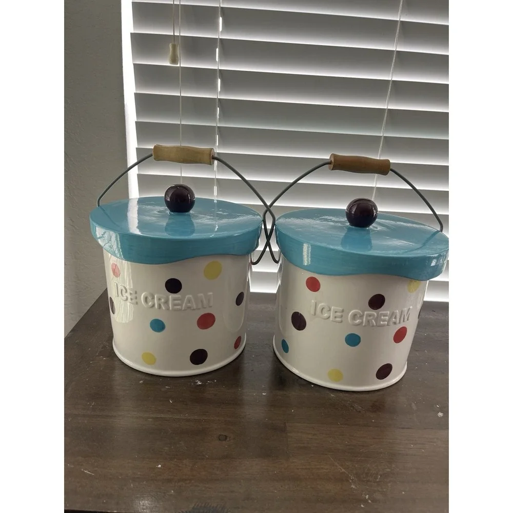 Main Ingredients Ceramic Ice Cream Server Pail Earthenware Polka Dot Cookie Jar